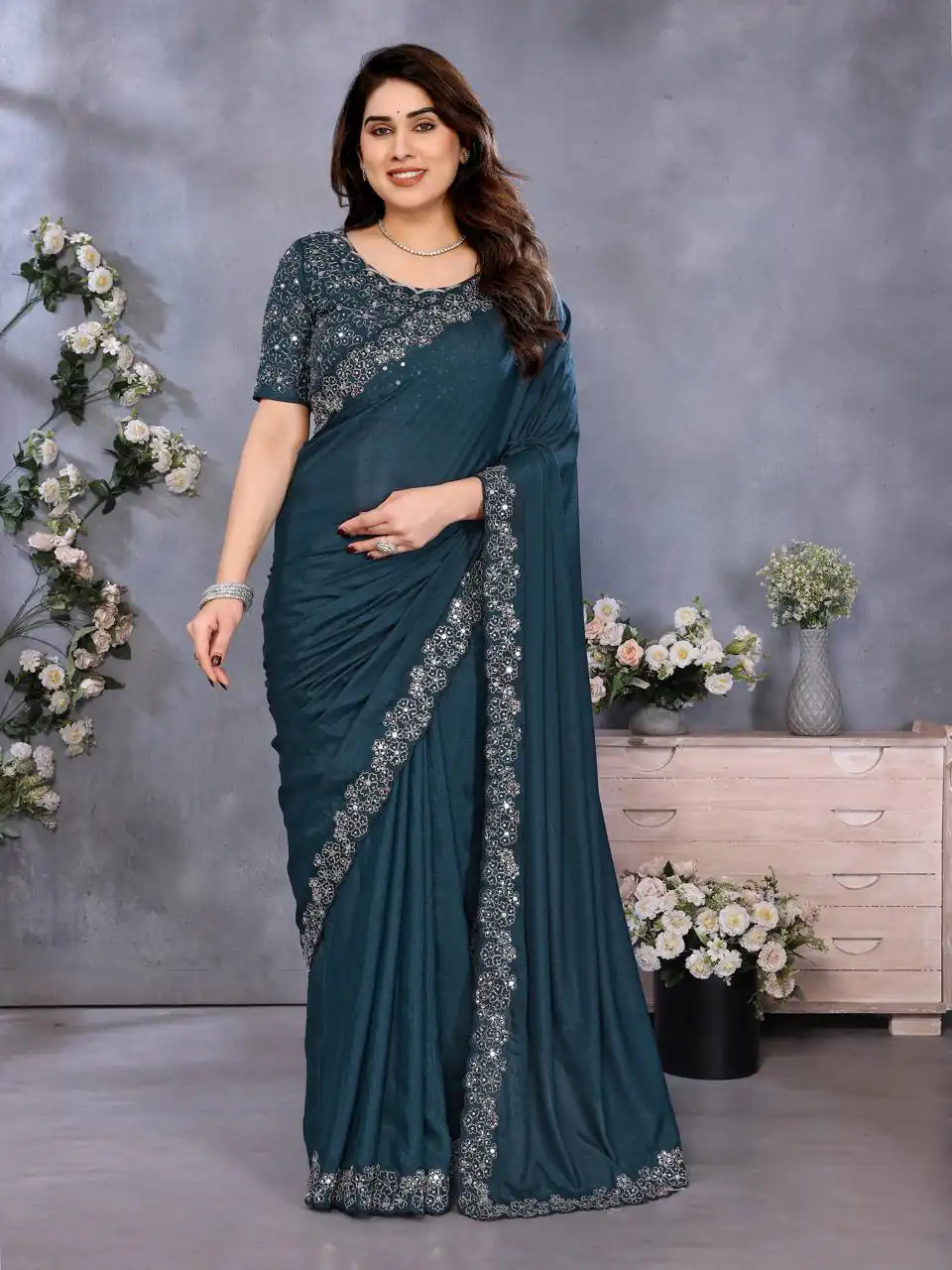 BT 12 Teal Blue Soft Star Georgette Silk with Embroidery Work & Mirror Work Saree . Exclusive Offer ₹1999. Delivery 4-6 Working Days. Shop now. | Designer Sarees, Embroidered Sarees, Sarees, Bollywood Sarees, Creative Sarees, Ethnic Saree, Modern Digital sarees, Party Wear Sarees