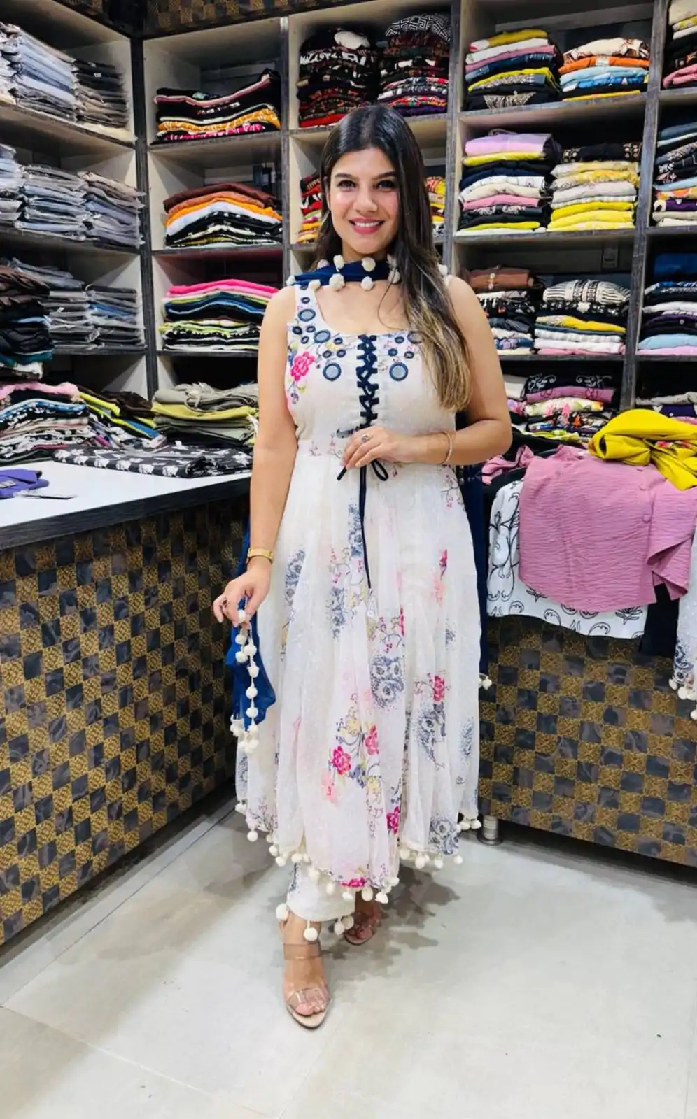 ZSR 3147 White Georgette Butti With Digital Print And Mirror Work Perfect for Wedding, Party, Engagement, Holi, Cultural Events 2099/- only | Gowns, Bollywood Gowns, Creative Gowns, Designer Gowns, Embroidered Gowns, Party Wear Gowns