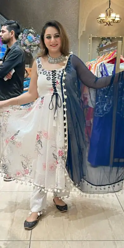 ZSR 3147 White Georgette Butti With Digital Print And Mirror Work Perfect for Wedding, Party, Engagement, Holi, Cultural Events 2099/- only | Gowns, Bollywood Gowns, Creative Gowns, Designer Gowns, Embroidered Gowns, Party Wear Gowns