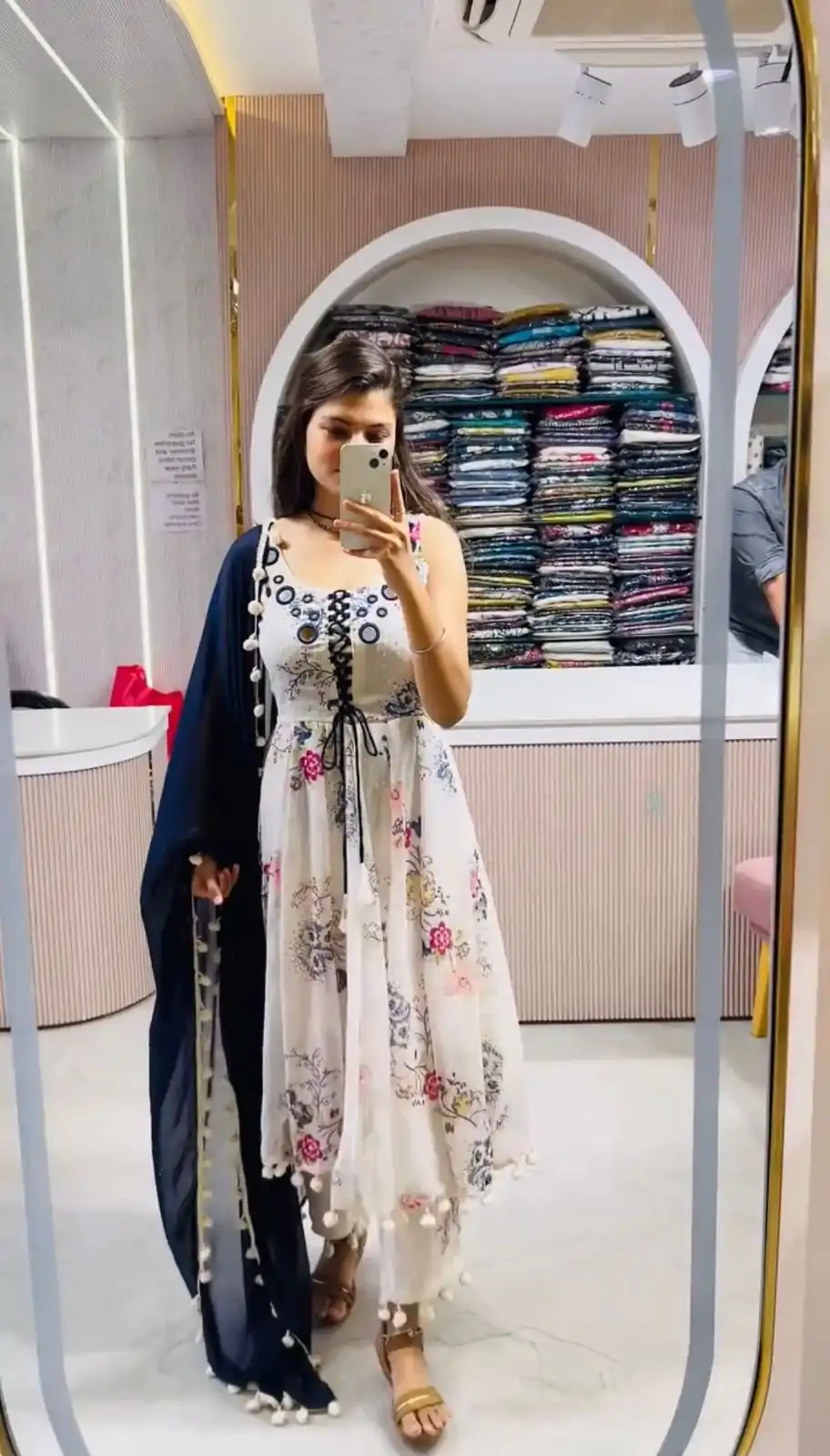 ZSR 3147 White Georgette Butti With Digital Print And Mirror Work Perfect for Wedding, Party, Engagement, Holi, Cultural Events 2099/- only | Gowns, Bollywood Gowns, Creative Gowns, Designer Gowns, Embroidered Gowns, Party Wear Gowns