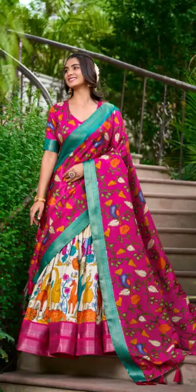 LNB 1222 White Dola Silk With Kalamkari Print & Zari Work Lehenga Choli . Grab it for ₹1899. Delivery 4-6 Working Days. Shop now. | Lehenga, Bollywood Lehenga, Creative Lehenga, Designer Lehenga, Embroidered Lehenga, Party Wear Lehenga