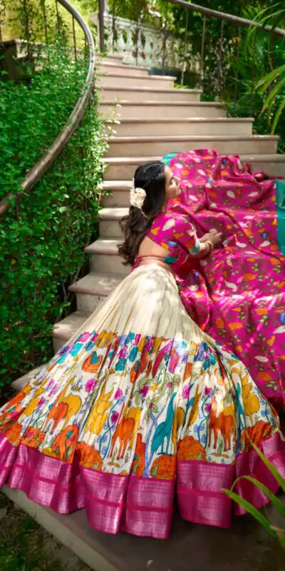 LNB 1222 White Dola Silk With Kalamkari Print & Zari Work Lehenga Choli . Grab it for ₹1899. Delivery 4-6 Working Days. Shop now. | Lehenga, Bollywood Lehenga, Creative Lehenga, Designer Lehenga, Embroidered Lehenga, Party Wear Lehenga