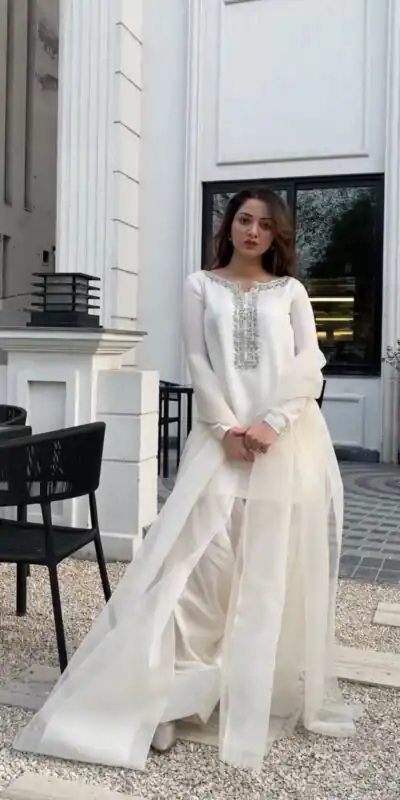 SRK 5252 White Faux Georgette Embroidery Work & Bead Work Salwar Suit . Wedding, Party, Festive, Events, Now at just ₹1499 | Casual Suits, Jump Suits, Salwar suit, Creative suits, Designer Suits, Palazzo Suits, Party Wear Suits, Patiala Suits, Straight Suits