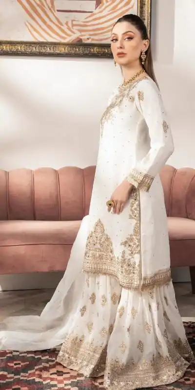 White Faux Georgette With Embroidery Salwar Suit