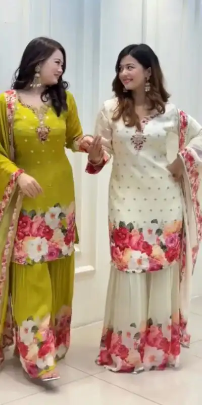 SRK 5301 White Heavy Faux Georgette With 5mm Embroidery Sequence Work With Digital print Full Sleeve Salwar Suit Wedding, Party, 4-6 Working Days At 1999 | Casual Suits, Jump Suits, Salwar suit, Creative suits, Designer Suits, Palazzo Suits, Party Wear Suits, Patiala Suits, Straight Suits