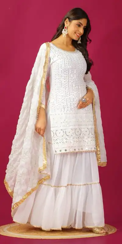 SR 1671 White Georgette Salwar Suit Perfect for Wedding, Party, Cultural Events, Temple Visit, Lohri Now at just ₹1799. Delivery 4-6 Working Days. | Casual Suits, Jump Suits, Tops & Bottoms, Track Suits, Salwar suit, Creative suits, Designer Suits, Palazzo Suits, Party Wear Suits, Patiala Suits, Straight Suits, Trendy Wear