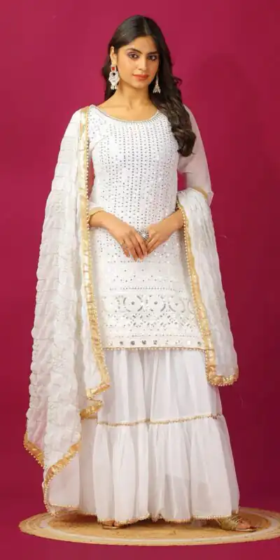 SR 1671 White Georgette Salwar Suit Perfect for Wedding, Party, Cultural Events, Temple Visit, Lohri Now at just ₹1799. Delivery 4-6 Working Days. | Casual Suits, Jump Suits, Tops & Bottoms, Track Suits, Salwar suit, Creative suits, Designer Suits, Palazzo Suits, Party Wear Suits, Patiala Suits, Straight Suits, Trendy Wear
