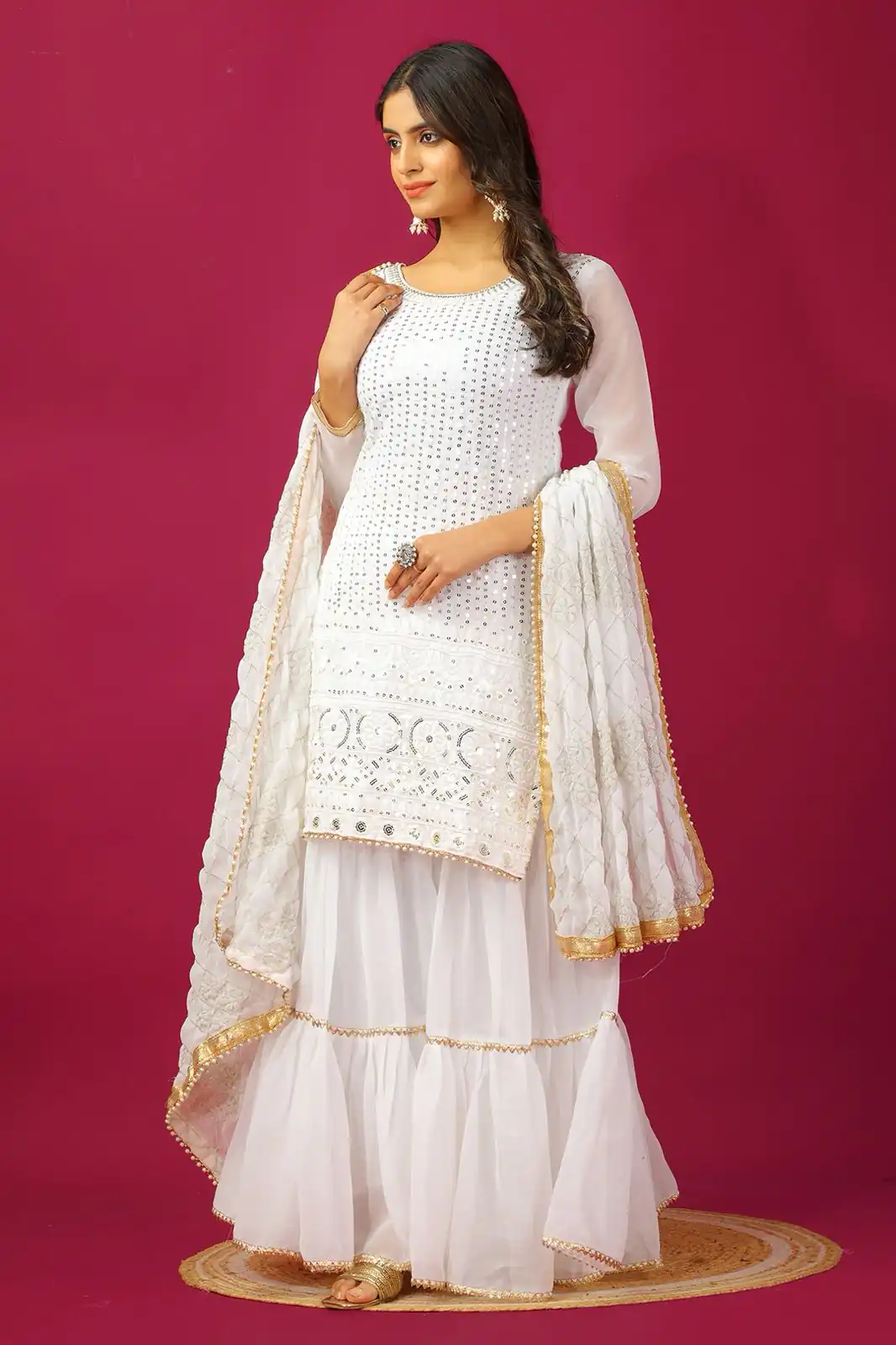 SR 1671 White Georgette Salwar Suit Perfect for Wedding, Party, Cultural Events, Temple Visit, Lohri Now at just ₹1799. Delivery 4-6 Working Days. | Casual Suits, Jump Suits, Tops & Bottoms, Track Suits, Salwar suit, Creative suits, Designer Suits, Palazzo Suits, Party Wear Suits, Patiala Suits, Straight Suits, Trendy Wear