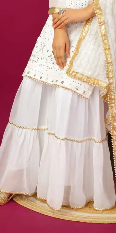SR 1671 White Georgette Salwar Suit Perfect for Wedding, Party, Cultural Events, Temple Visit, Lohri Now at just ₹1799. Delivery 4-6 Working Days. | Casual Suits, Jump Suits, Tops & Bottoms, Track Suits, Salwar suit, Creative suits, Designer Suits, Palazzo Suits, Party Wear Suits, Patiala Suits, Straight Suits, Trendy Wear