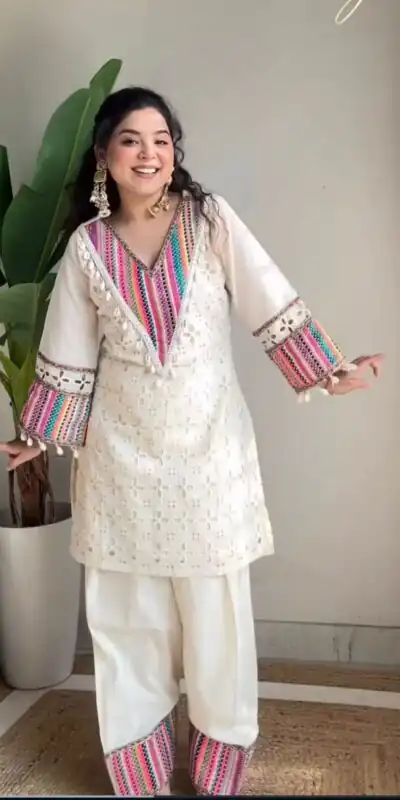 SR 1683 White Khadi Cotton with Thread Embroidery & Embroidery Work Salwar Suit just ₹1999. Delivery 4-6 Working Days. Shop now. | Casual Suits, Jump Suits, Tops & Bottoms, Track Suits, Salwar suit, Creative suits, Designer Suits, Palazzo Suits, Party Wear Suits, Patiala Suits, Straight Suits, Trendy Wear