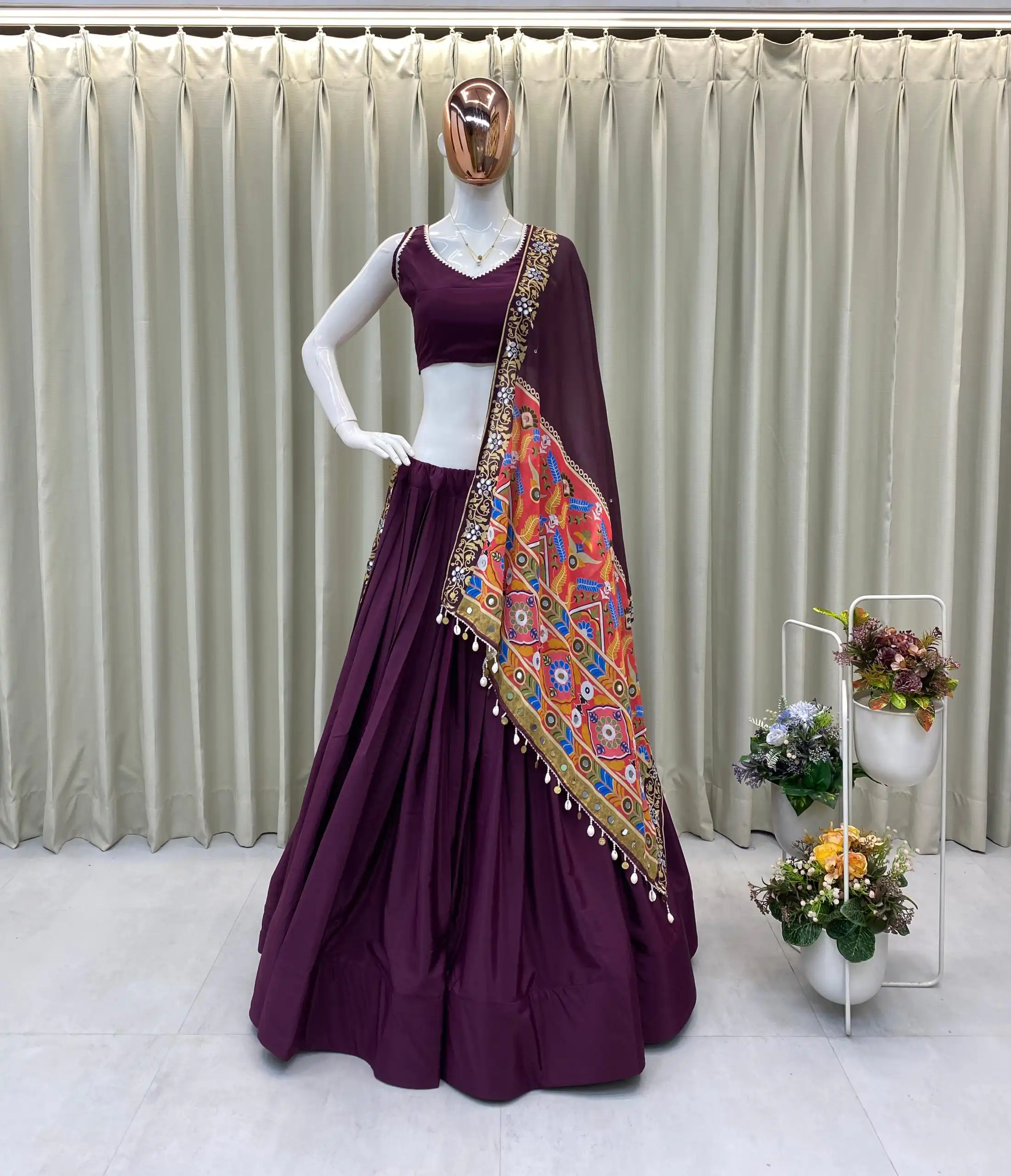 BE 393 Wine Crape Silk Lehenga Choli Perfect for Wedding, Party, Engagement, Anniversary, Traditional Day Get it for ₹1999. Delivery 4-6 Working | Lehenga, Bollywood Lehenga, Creative Lehenga, Designer Lehenga, Embroidered Lehenga, Party Wear Lehenga