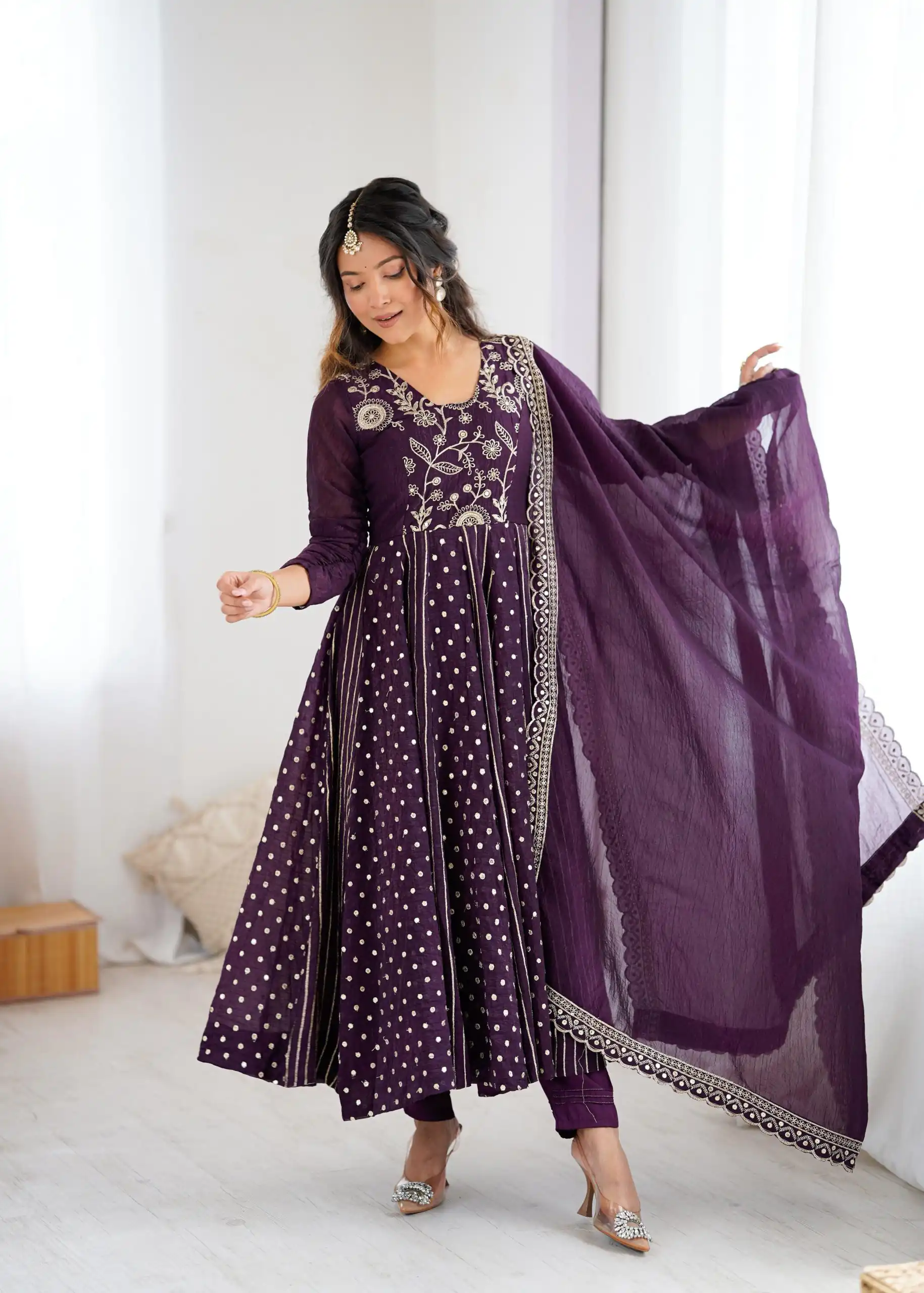 SRK 5293 Wine With Crunchy Silk With Fully Flair with Lace Work & Embroidery Work Anarkali Gown . Introductory Price ₹2149. Delivery 4-6 Worki | Gowns, Bollywood Gowns, Creative Gowns, Designer Gowns, Embroidered Gowns, Party Wear Gowns