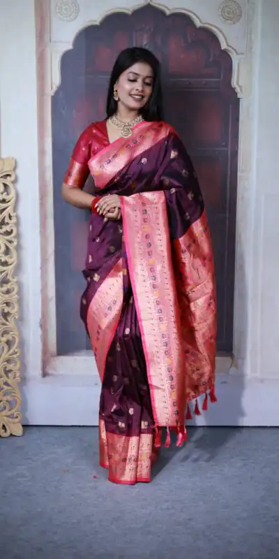 MB 18 Wine Paithani Ajanta Lotus Saree Perfect for Wedding, Party, Lohri, Durga Puja, Eid – . Get it for ₹2449. Delivery 4-6 Working Days. Shop now. | Designer Sarees, Embroidered Sarees, Sarees, Bollywood Sarees, Creative Sarees, Ethnic Saree, Modern Digital sarees, Party Wear Sarees