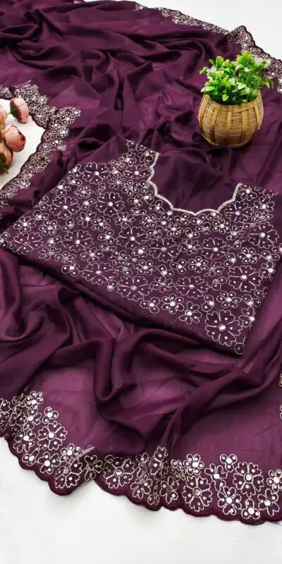 BT 12 Wine Soft Star Georgette Silk with Embroidery Work & Mirror Work Saree . Exclusive Offer ₹1999. Delivery 4-6 Working Days. Shop now. | Designer Sarees, Embroidered Sarees, Sarees, Bollywood Sarees, Creative Sarees, Ethnic Saree, Modern Digital sarees, Party Wear Sarees