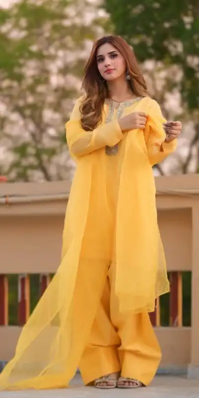 SRK 5252 Yellow Faux Georgette Embroidery Work & Bead Work Salwar Suit . Wedding, Party, Festive, Events, Now at just ₹1499 | Casual Suits, Jump Suits, Salwar suit, Creative suits, Designer Suits, Palazzo Suits, Party Wear Suits, Patiala Suits, Straight Suits