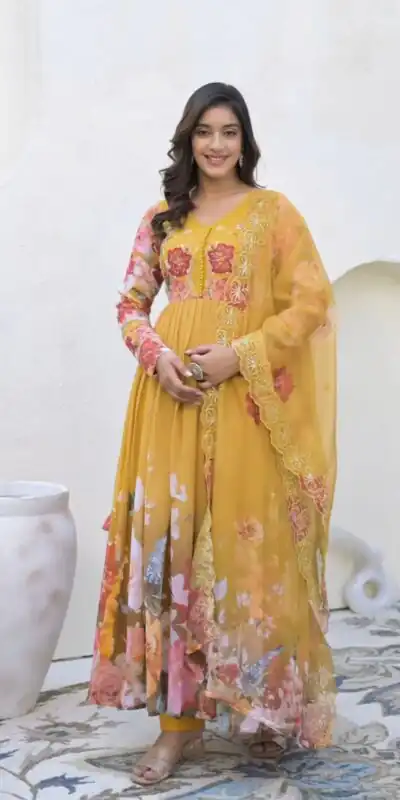 ZSR 3144 Yellow Fix Georgette With Sequence Work Digital Print Fully Flair Gown Perfect for Wedding, Party, Bridal Wear, Family Gatherings, Festival At 2049 | Gowns, Bollywood Gowns, Creative Gowns, Designer Gowns, Embroidered Gowns, Party Wear Gowns