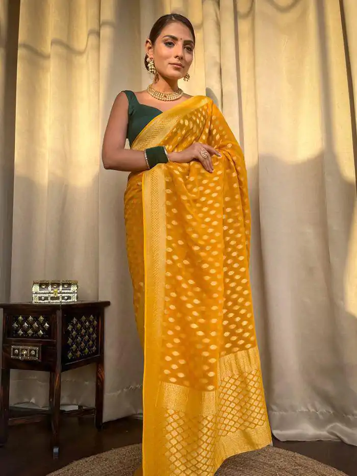 KP 5083 Yellow Soft Lichi Silk Perfect for Wedding, Party, Family Gatherings, Sangeet, Diwali Cloth. Saree. Get it for ₹1399. Delivery 4-6 Working Days. | Designer Sarees, Embroidered Sarees, Sarees, Bollywood Sarees, Creative Sarees, Ethnic Saree, Modern Digital sarees, Party Wear Sarees
