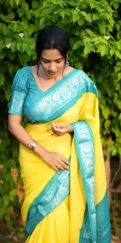 KP 3025 Yellow Soft Lichi Silk Saree Perfect for Wedding, Party, Baby Shower, Onam, Durga Puja . Available at ₹1449 only. Delivery 4-6 Working Days. | Designer Sarees, Embroidered Sarees, Sarees, Bollywood Sarees, Creative Sarees, Ethnic Saree, Modern Digital sarees, Party Wear Sarees