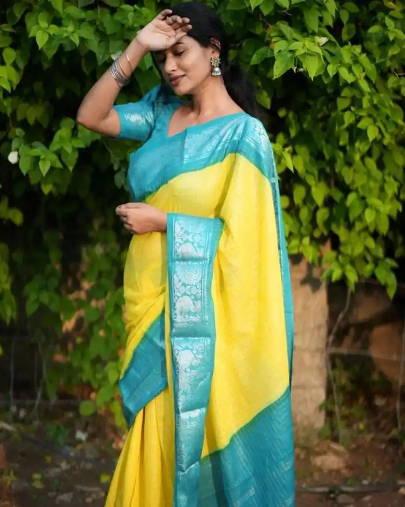 KP 3025 Yellow Soft Lichi Silk Saree Perfect for Wedding, Party, Baby Shower, Onam, Durga Puja . Available at ₹1449 only. Delivery 4-6 Working Days. | Designer Sarees, Embroidered Sarees, Sarees, Bollywood Sarees, Creative Sarees, Ethnic Saree, Modern Digital sarees, Party Wear Sarees