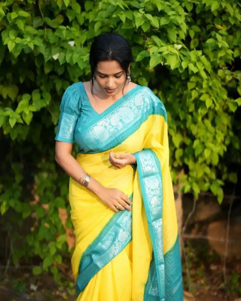 KP 3025 Yellow Soft Lichi Silk Saree Perfect for Wedding, Party, Baby Shower, Onam, Durga Puja . Available at ₹1449 only. Delivery 4-6 Working Days. | Designer Sarees, Embroidered Sarees, Sarees, Bollywood Sarees, Creative Sarees, Ethnic Saree, Modern Digital sarees, Party Wear Sarees