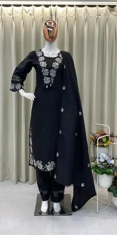 BE 385 Black Color Rayon Slub Cotton Embroidery Work Salwar Suit Casual, Wedding, Festive, Events . Expected Delivery  4-6 Working Days @1899/- only      | Jump Suits, Salwar suit, Casual Suits, Creative suits, Designer Suits, Palazzo Suits, Party Wear Suits, Patiala Suits, Straight Suits