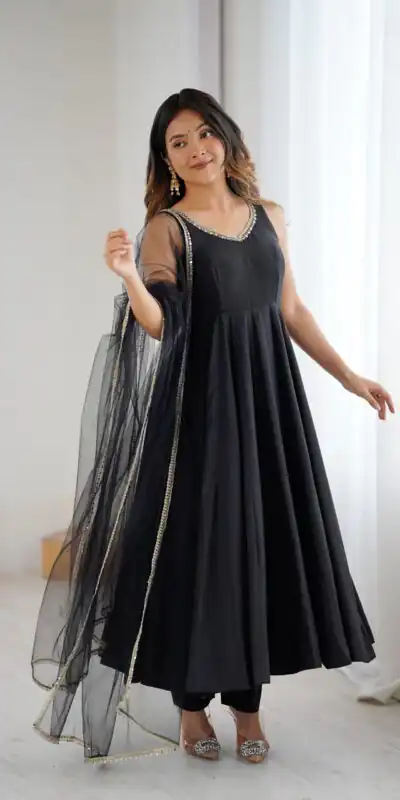 KB 285 Black in Roman Silk Chanderi Mirror Work & Lace Work Gown . Best Price ₹1929. Delivery 4-6 Working Days. Shop now. | Jump Suits, Salwar suit, Casual Suits, Creative suits, Designer Suits, Palazzo Suits, Party Wear Suits, Patiala Suits, Straight Suits