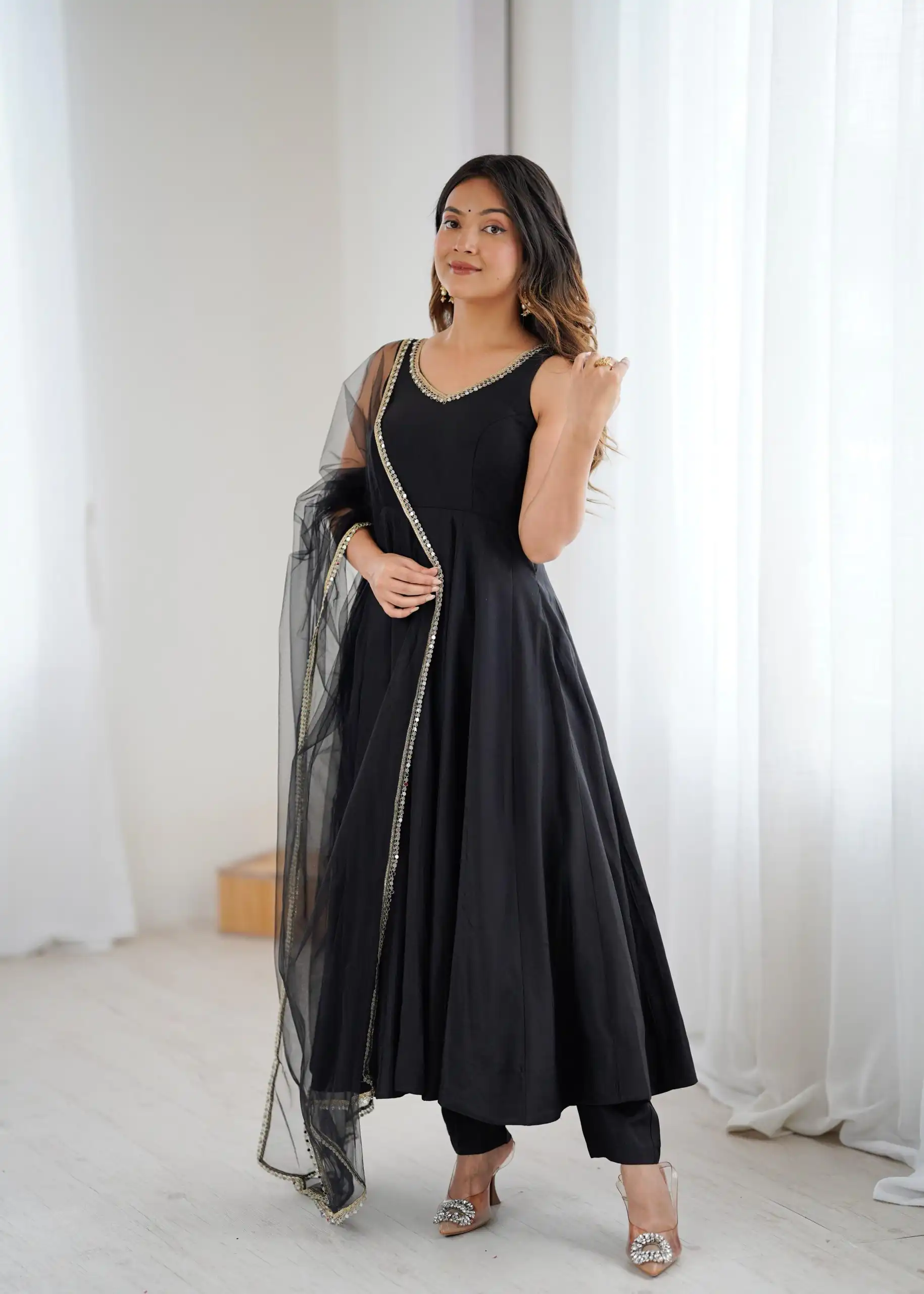 KB 285 Black in Roman Silk Chanderi Mirror Work & Lace Work Gown . Best Price ₹1929. Delivery 4-6 Working Days. Shop now. | Jump Suits, Salwar suit, Casual Suits, Creative suits, Designer Suits, Palazzo Suits, Party Wear Suits, Patiala Suits, Straight Suits