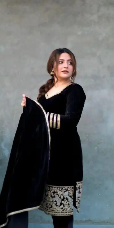 VLM 228 Black Viscose Velvet Salwar Suit with Embroidery Work & Lace Work. Affordable Price ₹2099. Delivery 4-6 Working Days. Shop now. | Lehenga, Bollywood Lehenga, Creative Lehenga, Designer Lehenga, Embroidered Lehenga, Party Wear Lehenga