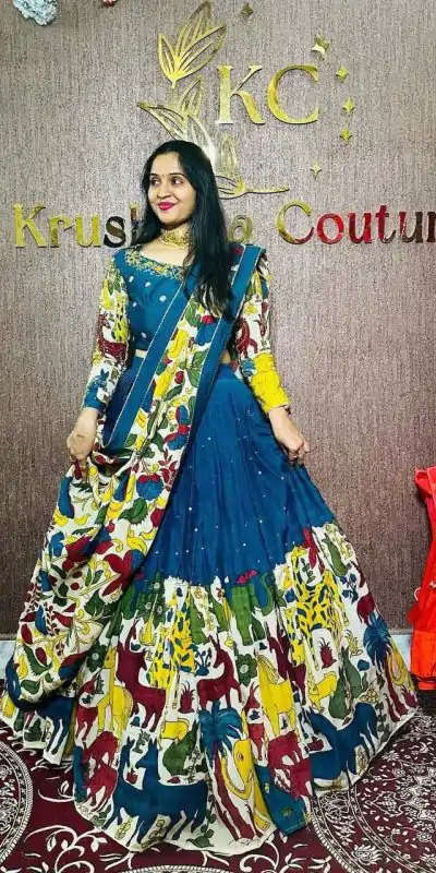 Blue Chent Crep Kalamkari Print Lehenga Choli