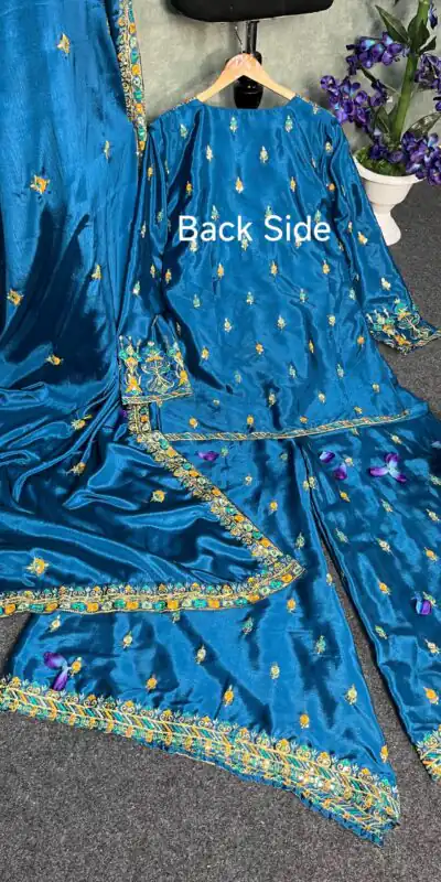 BD 1733 Blue Chinon Silk Salwar Suit with Sequins & Embroidery Work. Grab it for ₹2099. Delivery 4-6 Working Days. Shop now. | Jump Suits, Salwar suit, Casual Suits, Creative suits, Designer Suits, Palazzo Suits, Party Wear Suits, Patiala Suits, Straight Suits