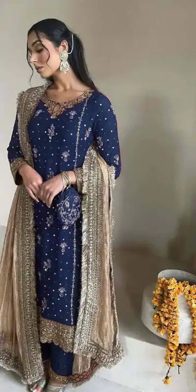 Blue Faux Georgette Sequence Moti Work Salwar Suit