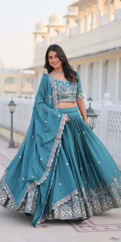 Ram 064 Blue Pure Chinon Lehenga Choli with Embroidery Work. Introductory Price ₹3049. Delivery 4-6 Working Days. Shop now. | Lehenga, Bollywood Lehenga, Creative Lehenga, Designer Lehenga, Embroidered Lehenga, Party Wear Lehenga