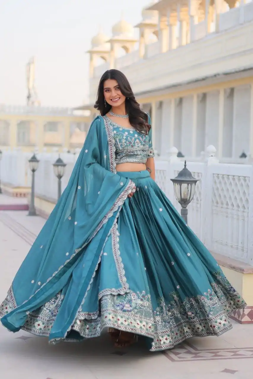 Ram 064 Blue Pure Chinon Lehenga Choli with Embroidery Work. Introductory Price ₹3049. Delivery 4-6 Working Days. Shop now. | Lehenga, Bollywood Lehenga, Creative Lehenga, Designer Lehenga, Embroidered Lehenga, Party Wear Lehenga