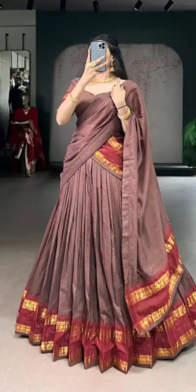 LNB 1904 Brown Color Pure Chanderi with Zari Work Lehenga Choli . Affordable Price ₹1999. Delivery 4-6 Working Days. Shop now. | Lehenga, Bollywood Lehenga, Creative Lehenga, Designer Lehenga, Embroidered Lehenga, Party Wear Lehenga