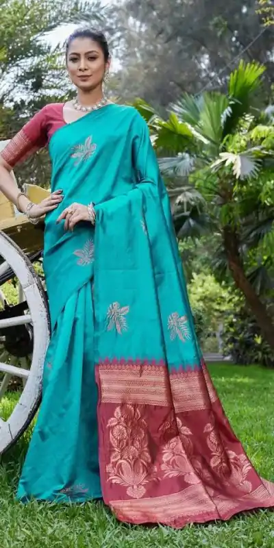 Firozi Lichi Silk Lace Border Saree