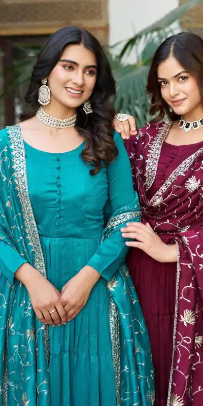 106 Firozi Color Vichitra Silk Gown Ram with Embroidery Work. Exclusive Offer ₹2049. Delivery 4-6 Working Days. Shop now. | Jump Suits, Salwar suit, Casual Suits, Creative suits, Designer Suits, Palazzo Suits, Party Wear Suits, Patiala Suits, Straight Suits