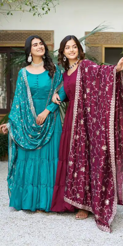 106 Firozi Color Vichitra Silk Gown Ram with Embroidery Work. Exclusive Offer ₹2049. Delivery 4-6 Working Days. Shop now. | Jump Suits, Salwar suit, Casual Suits, Creative suits, Designer Suits, Palazzo Suits, Party Wear Suits, Patiala Suits, Straight Suits