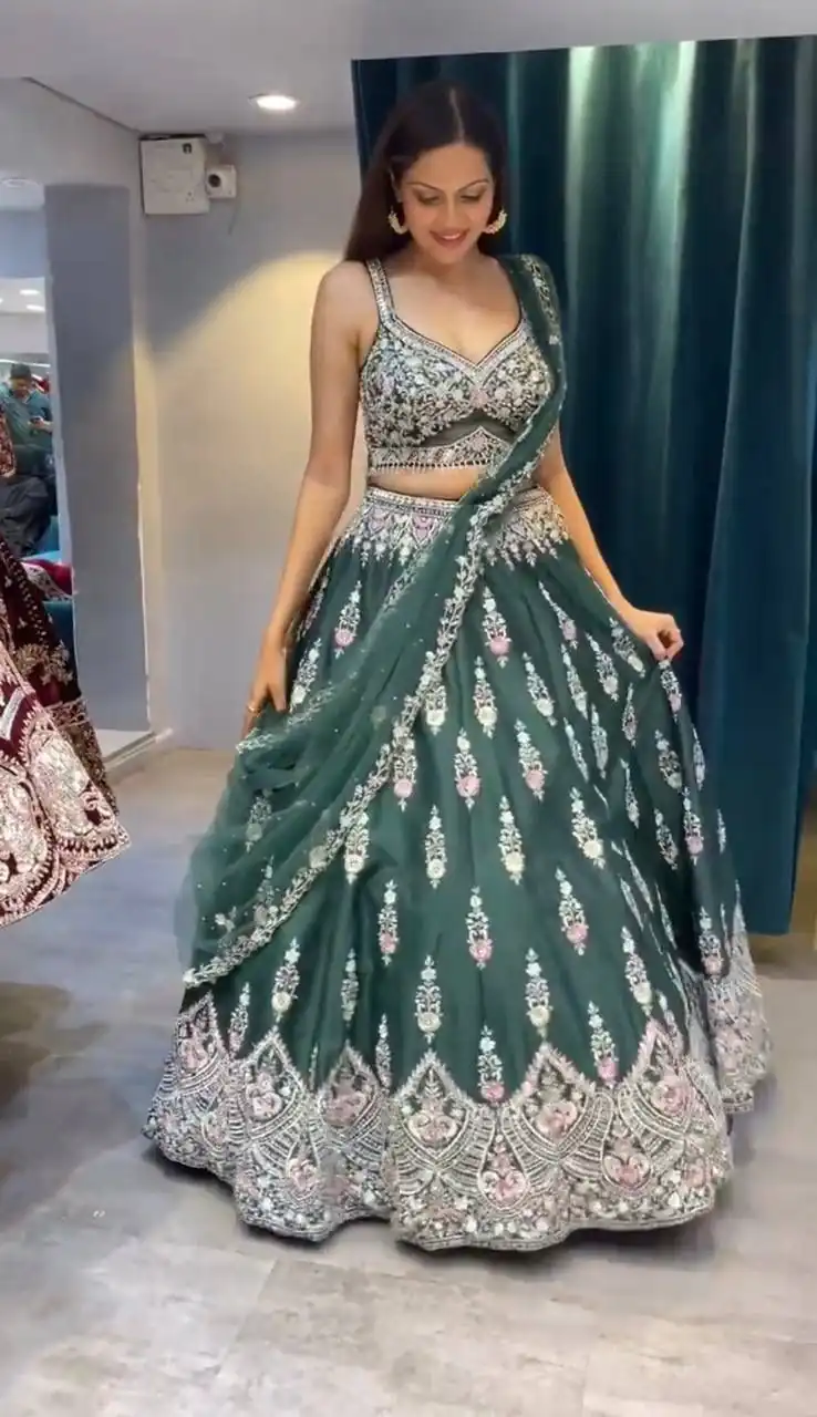 KF 1623 Green Faux Georgette with Cut Work Lehenga Choli . Wedding, Party, Festive, Events, Delivery 4-6 Working Days. Shop now. | Lehenga, Bollywood Lehenga, Creative Lehenga, Designer Lehenga, Embroidered Lehenga, Party Wear Lehenga