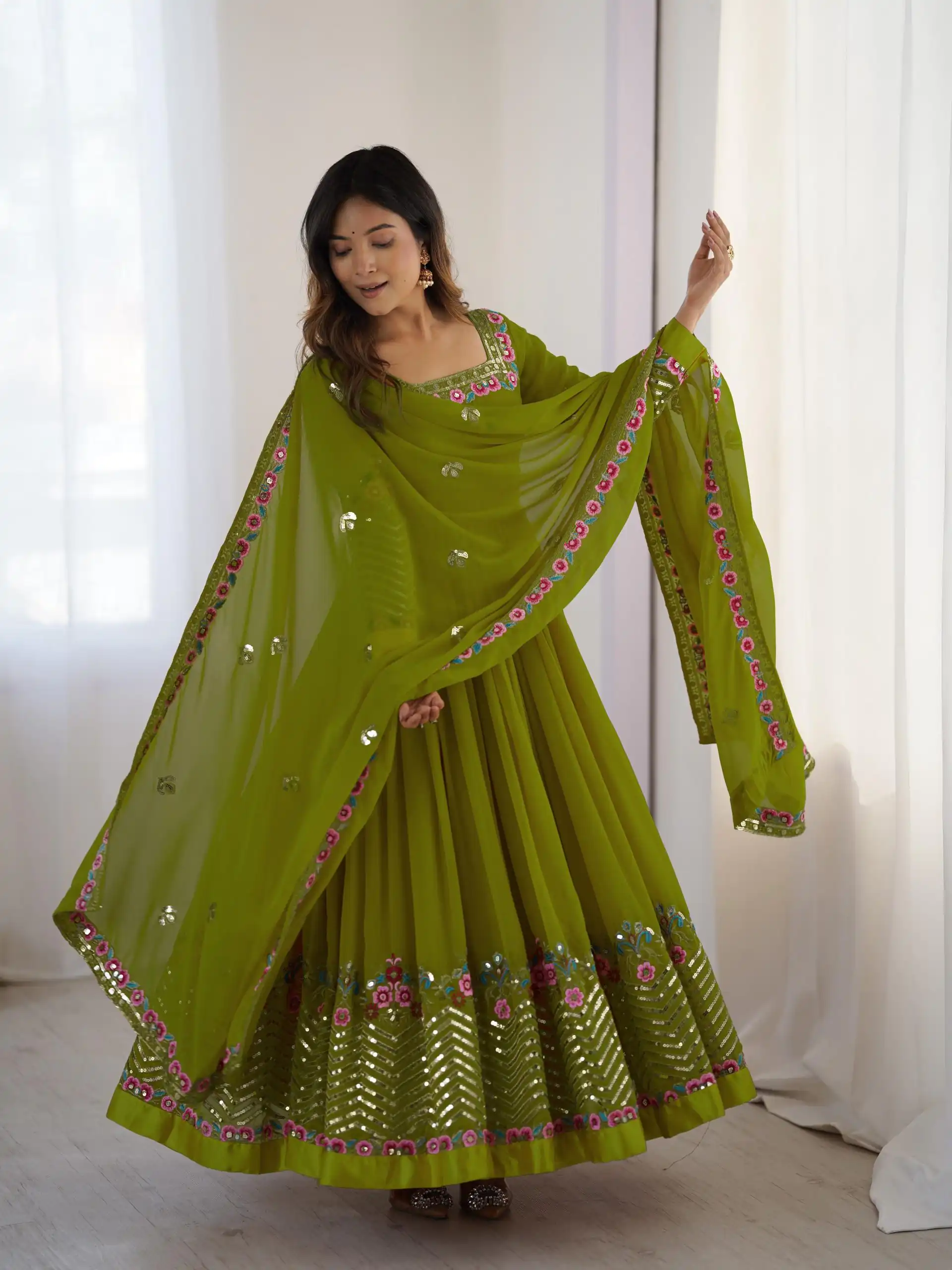 ZF 5010 Green Georgette Gown Perfect for Wedding, Party, Pooja, Ethnic Day, Karwa Chauth – . Best Price ₹2049. Delivery 4-6 Working Days. Shop now. | Jump Suits, Salwar suit, Casual Suits, Creative suits, Designer Suits, Palazzo Suits, Party Wear Suits, Patiala Suits, Straight Suits