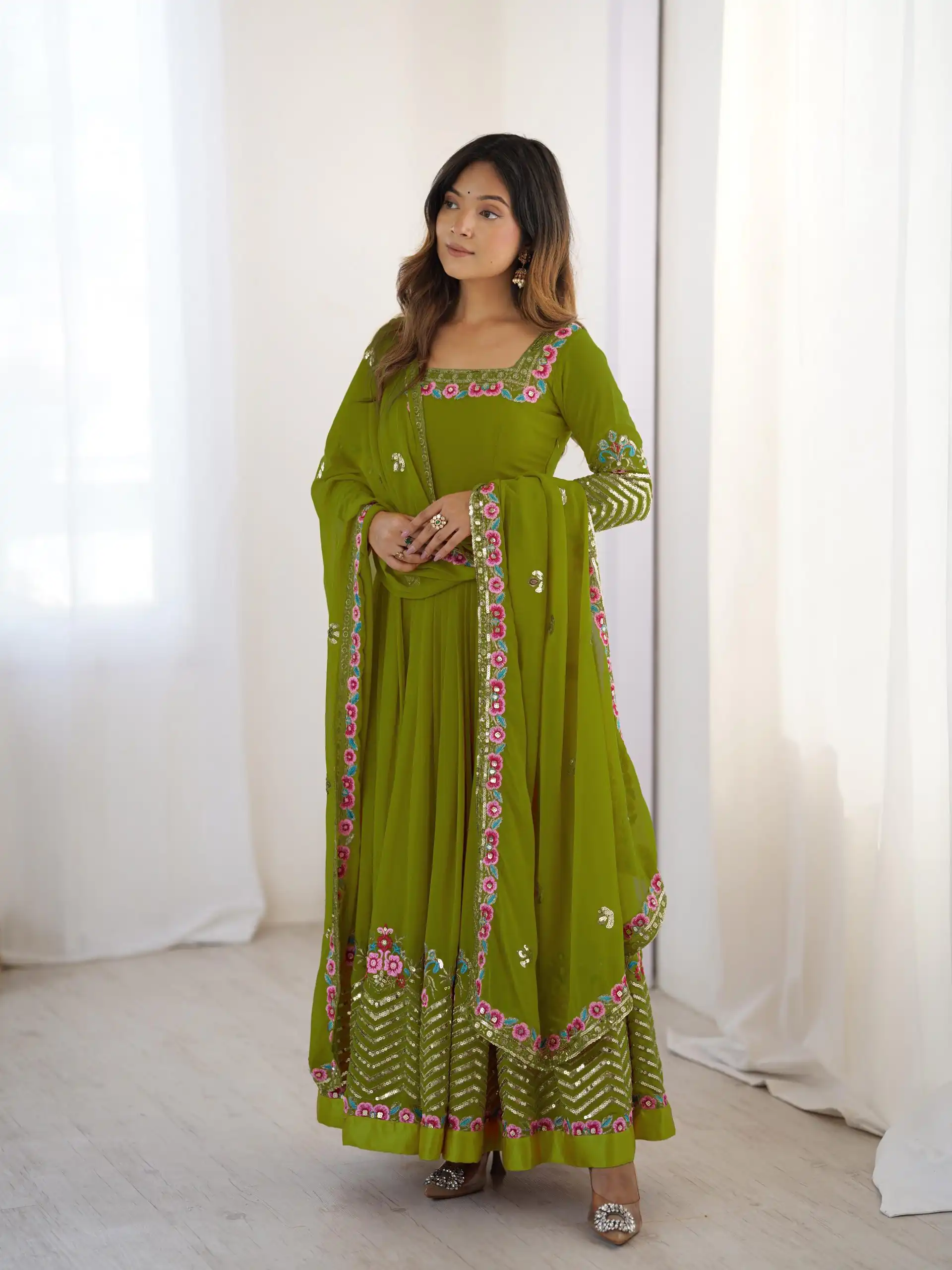ZF 5010 Green Georgette Gown Perfect for Wedding, Party, Pooja, Ethnic Day, Karwa Chauth – . Best Price ₹2049. Delivery 4-6 Working Days. Shop now. | Jump Suits, Salwar suit, Casual Suits, Creative suits, Designer Suits, Palazzo Suits, Party Wear Suits, Patiala Suits, Straight Suits
