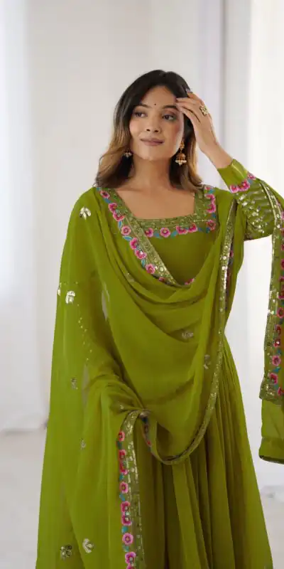 ZF 5010 Green Georgette Gown Perfect for Wedding, Party, Pooja, Ethnic Day, Karwa Chauth – . Best Price ₹2049. Delivery 4-6 Working Days. Shop now. | Jump Suits, Salwar suit, Casual Suits, Creative suits, Designer Suits, Palazzo Suits, Party Wear Suits, Patiala Suits, Straight Suits