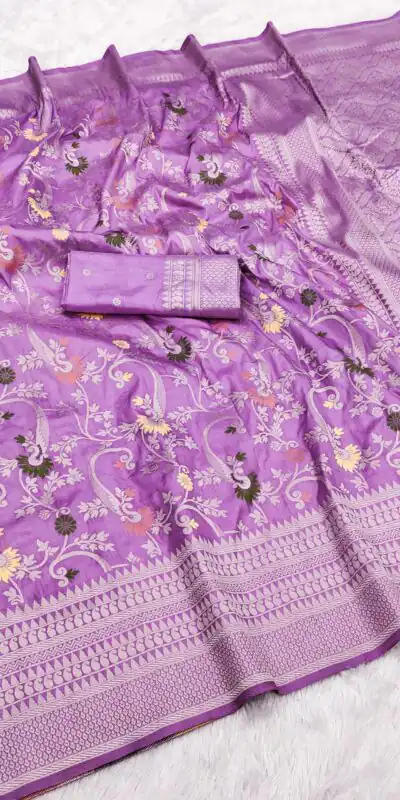 MB 105 Lavender in Color Khaddi Pashmina Lace Work & Zari Work Saree . Special Price ₹1999. Delivery 4-6 Working Days. Shop now. | Designer Sarees, Embroidered Sarees, Sarees, Bollywood Sarees, Creative Sarees, Ethnic Saree, Modern Digital sarees, Party Wear Sarees