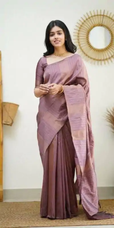 Lavender Soft Lichi Silk Rich Pallu Work Border Saree