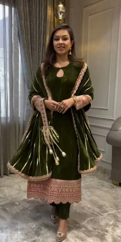VLM 241 Mahendi in Crash Viscose Velvet Embroidery Work Salwar Suit . Affordable Price ₹2399. Delivery 4-6 Working Days. Shop now. | Jump Suits, Salwar suit, Casual Suits, Creative suits, Designer Suits, Palazzo Suits, Party Wear Suits, Patiala Suits, Straight Suits