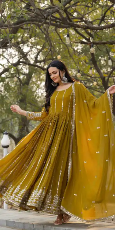 Ram 080 Mahendi Fox Georgette Gown with Embroidery Work. Wedding, Party, Festive, Events, Best Price ₹2049. Delivery 4-6 Working Days. Shop now. | Jump Suits, Salwar suit, Casual Suits, Creative suits, Designer Suits, Palazzo Suits, Party Wear Suits, Patiala Suits, Straight Suits