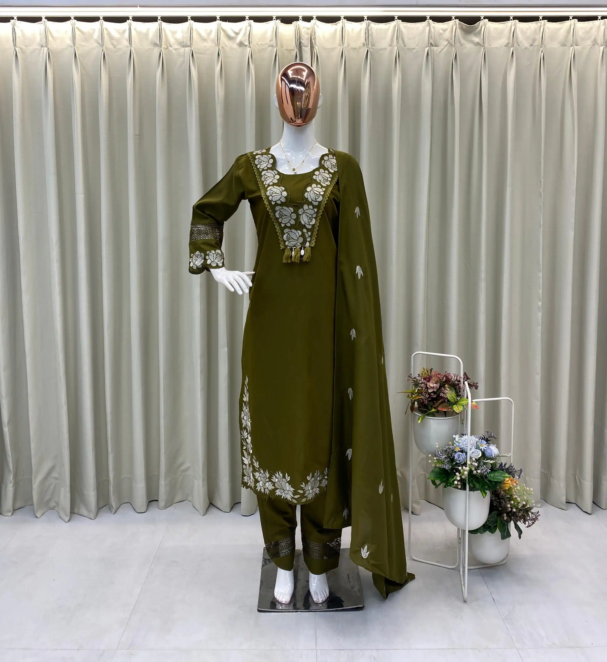 BE 385 Mahendi Color Rayon Slub Cotton Embroidery Wor Salwar Suit Casual, Wedding, Festive, Events . Expected Delivery  4-6 Working Days @1899/- only      | Jump Suits, Salwar suit, Casual Suits, Creative suits, Designer Suits, Palazzo Suits, Party Wear Suits, Patiala Suits, Straight Suits