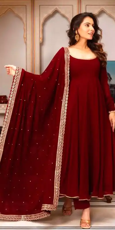 Maroon Faux Georgette Embroidery Lace Work Salwar Suit