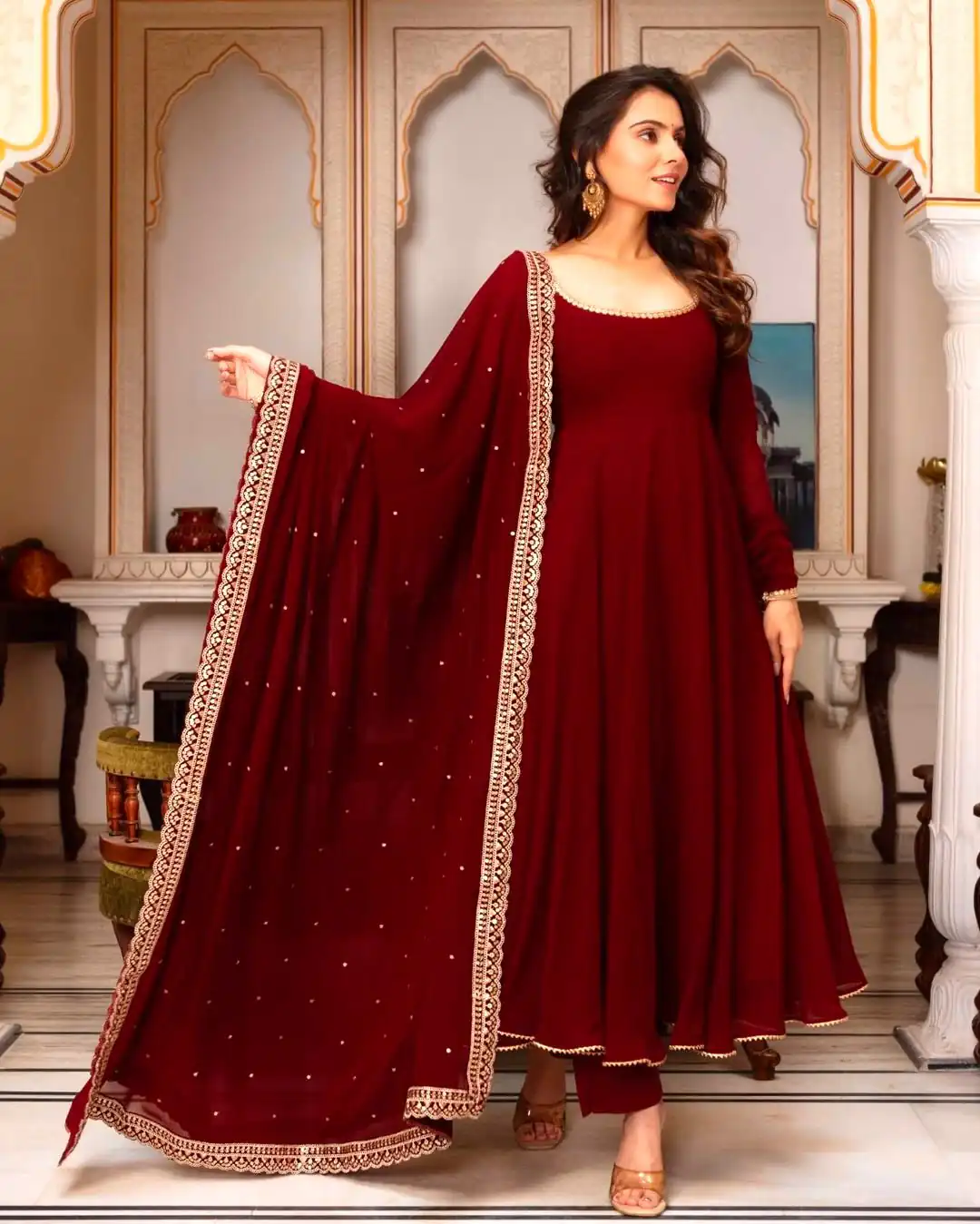 SRK 5222 Maroon in Faux Georgette Lace Work & Embroidery Work Salwar Suit . Grab it for ₹1849. Delivery 4-6 Working Days. Shop now. | Jump Suits, Salwar suit, Casual Suits, Creative suits, Designer Suits, Palazzo Suits, Party Wear Suits, Patiala Suits, Straight Suits