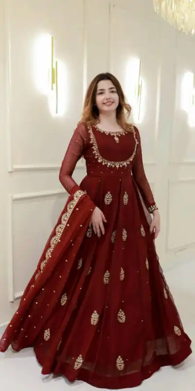 LG 2006 Maroon Georgette Gown Perfect for Wedding, Party, Engagement, Diwali, Sangeet . Exclusive Offer ₹1999. Delivery 4-6 Working Days. Shop now. | Gowns, Bollywood Gowns, Creative Gowns, Designer Gowns, Embroidered Gowns, Party Wear Gowns