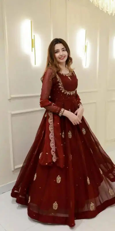 LG 2006 Maroon Georgette Gown Perfect for Wedding, Party, Engagement, Diwali, Sangeet . Exclusive Offer ₹1999. Delivery 4-6 Working Days. Shop now. | Gowns, Bollywood Gowns, Creative Gowns, Designer Gowns, Embroidered Gowns, Party Wear Gowns